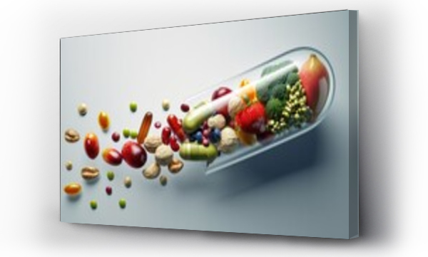 Wizualizacja Obrazu : #708498567 Medicine health concept. Nutritional supplement and vitamin supplements as a capsule with fruit vegetables nuts and beans inside a nutrient pill.