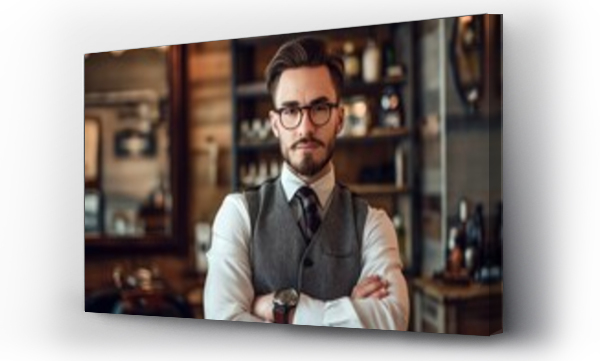 Wizualizacja Obrazu : #708665923 Handsome Caucasian bearded man wears suit and glasses standing in barbershop with crossed hands