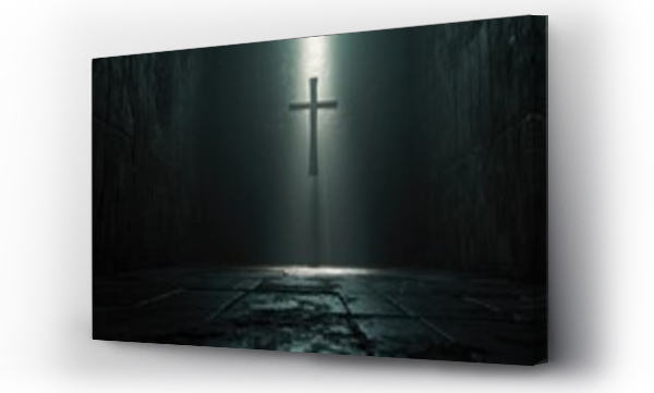 Wizualizacja Obrazu : #708670704 A cross is displayed in the middle of a dark room. This image can be used to represent religious symbolism and spirituality