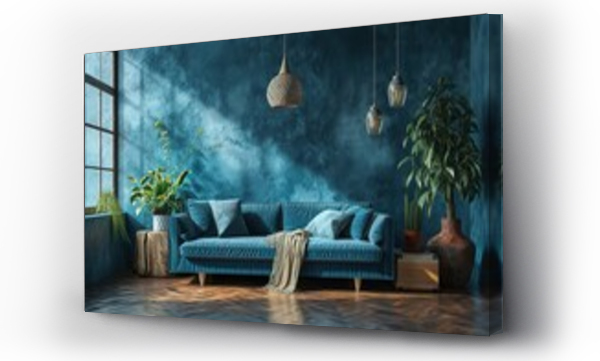 Wizualizacja Obrazu : #708772823 Home interior mock-up with blue sofa, wooden table and decor in blue living room, 3d render