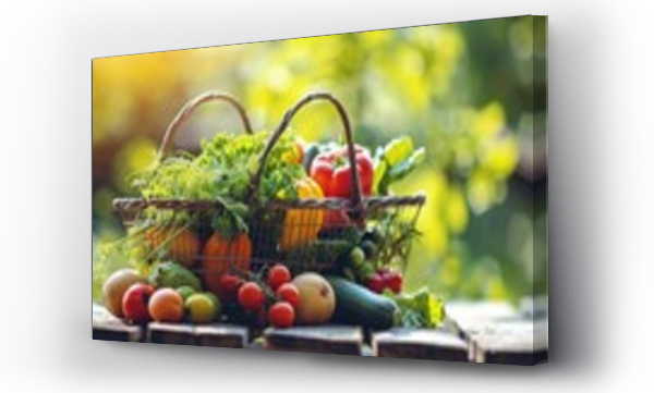 Wizualizacja Obrazu : #708816931 Straw basket with vegetables and fruits on wooden table outdoors