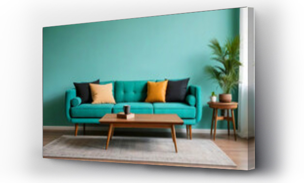 Wizualizacja Obrazu : #708974817 Wooden coffee table near turquoise sofa against wall with frame. Mid-century, retro, vintage style home interior design of modern living room