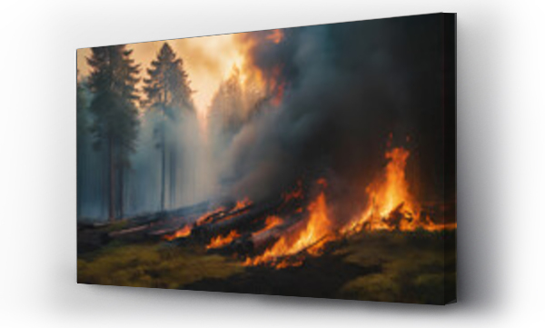 Wizualizacja Obrazu : #709058298 Illustration of a forest fire disaster, with trees ablaze at night. Destruction of nature due to a wildfire, showcasing the environmental damage caused by global warming. Earth destructon. No planet B