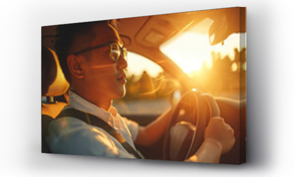 Wizualizacja Obrazu : #709153951 Asian tourist driving a car while wearing a belt in the backdrop sunshine