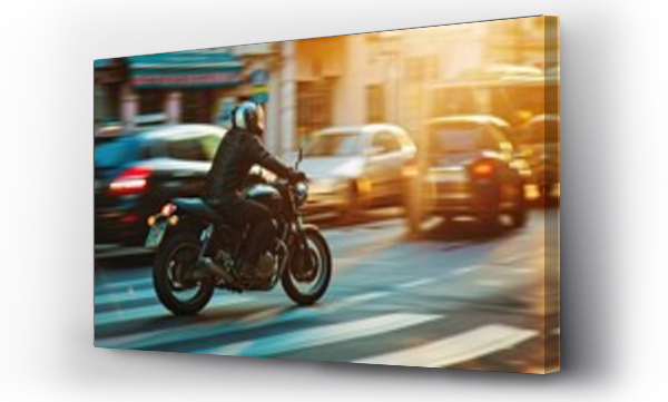 Wizualizacja Obrazu : #709229625 Photo captures a motorcyclist skillfully maneuvering through city streets on a powerful bike. They embody the spirit of freedom and adrenaline as they conquer obstacles and navigate urban traffic.