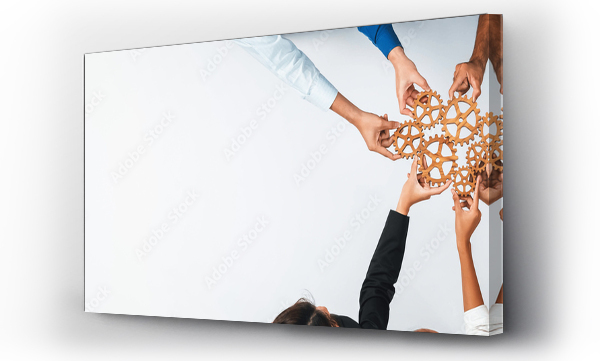 Wizualizacja Obrazu : #709288101 Top panorama banner of business team joining cogwheel in circular together symbolize successful group of business partnership and collective teamwork in workplace with productive efficiency. Prudent