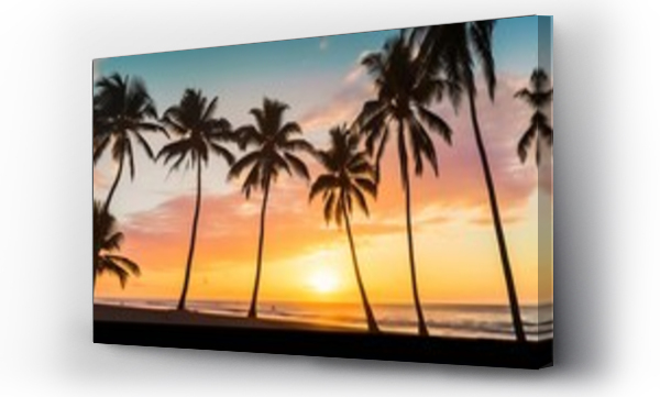 Wizualizacja Obrazu : #709336069 Generative AI : Panorama of Silhouette of coconut palm trees on tropical beach at sunset.