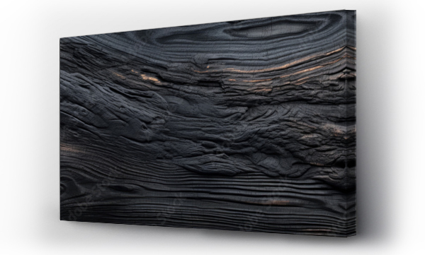 Wizualizacja Obrazu : #709369536 Burnt wood texture background, wide banner of charred black timber. Abstract pattern of dark burned scorched woodgrain. Concept of charcoal, coal, grill, embers, wallpaper, tree, firewood