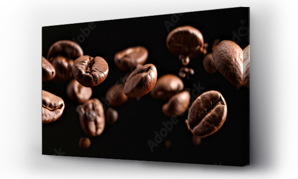 Wizualizacja Obrazu : #709673084 a falling coffee bean banner, roasted coffee bean on the air isolated on a black background, International Coffee Day concept