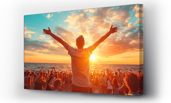 Wizualizacja Obrazu : #709695325 Silhouette of a person with arms raised facing the sunset over a lively beach gathering, worship and faith: spiritual images of prayer and religious ceremony, Hope and sacred rituals