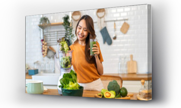 Wizualizacja Obrazu : #709709038 Portrait of beauty healthy asian woman making green vegetables detox cleanse and green fruit smoothie with blender.young girl drinking glass of smoothie, fiber, chlorophyll in kitchen.Diet, healthy