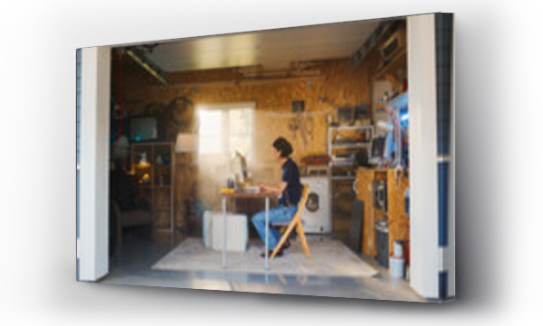 Wizualizacja Obrazu : #710340864 Caucasian Male Software Engineer Programming On Old Desktop Computer In Retro Garage With Random Appliances. Man Working On Innovative Fintech Startup Company In Nineties. Nostalgia Concept.