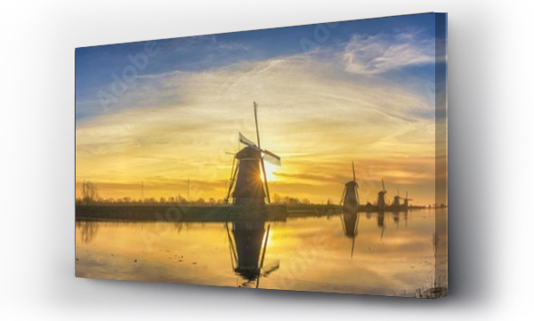 Wizualizacja Obrazu : #710460293 Rotterdam Netherlands, sunrise panorama nature landscape of Dutch Windmill at Kinderdijk Village