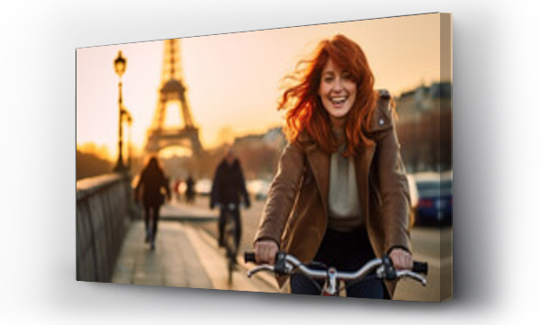 Wizualizacja Obrazu : #710483284 Cheerful Happy young woman with red hair riding bicycle in Paris