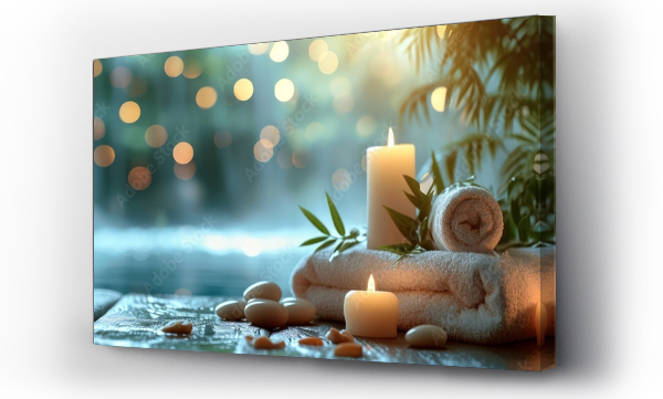 Wizualizacja Obrazu : #710556243 Spa treatments, massages, and calming spa environments supplies zen stones and water spa of deep relaxation and tranquility and with space for text concepts. spa background