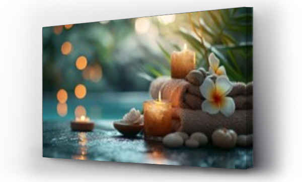 Wizualizacja Obrazu : #710557925 Spa treatments, massages, and calming spa environments supplies zen stones and water spa of deep relaxation and tranquility and with space for text concepts. spa background