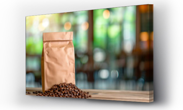 Wizualizacja Obrazu : #710589113 Blank brown paper bag with coffee beans on blurred coffee shop background