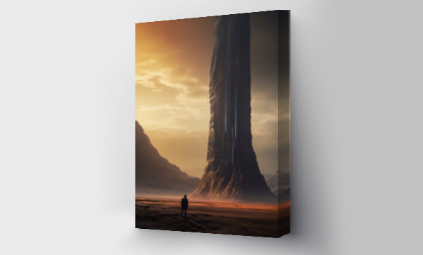 Wizualizacja Obrazu : #710634655 A man standing before a giant monolith on an alien planet