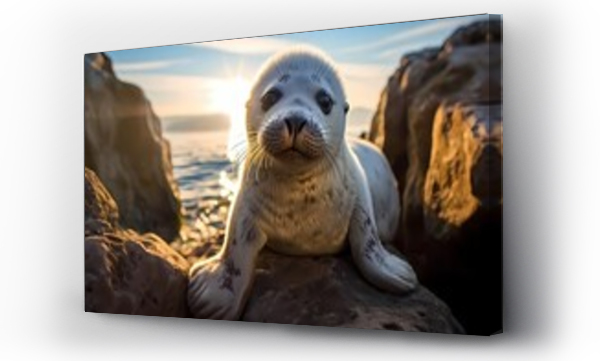 Wizualizacja Obrazu : #710661875 A baby seal lounging on a rocky shore, basking in the sunlight.
