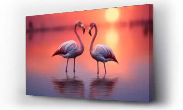 Wizualizacja Obrazu : #710703937 A serene scene of a pair of flamingos wading gracefully in shallow waters, their pink hues mirrored in the sunset.