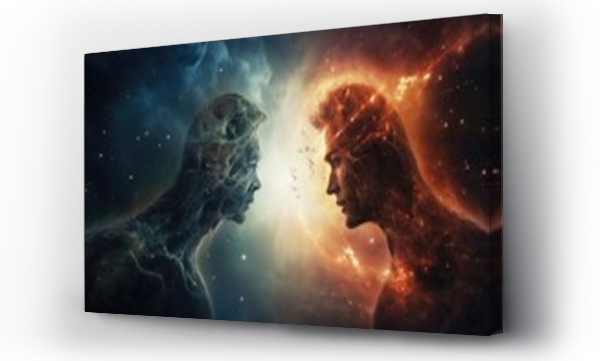 Wizualizacja Obrazu : #710868510 A captivating image where a man and a woman meet face to face amidst the vastness of outer space, An interstellar conversation between two galaxies, AI Generated