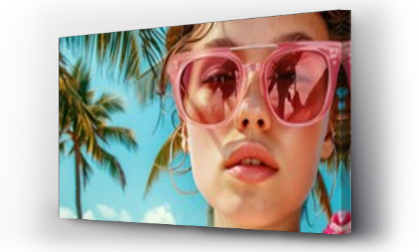 Wizualizacja Obrazu : #710930429 A stylish young woman, adorned with oversized sunglasses, embarks on a retro-style summer adventure. 