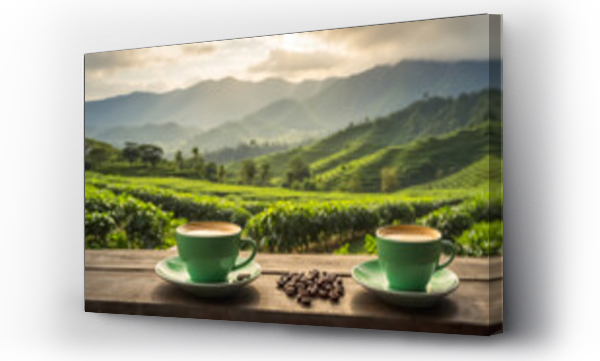 Wizualizacja Obrazu : #711024325 Cup of coffee against the background of a plantation
