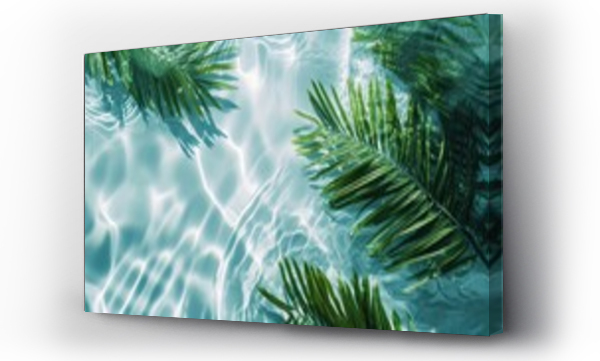 Wizualizacja Obrazu : #711200583 Spa concept with a palm leaf in wavy water. Abstract, transparent tropical water texture surface with palm leaves. top view, beauty backdrop, mockup, spa and wellness, copy space