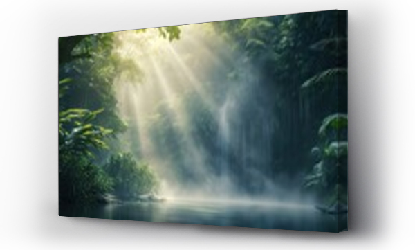 Wizualizacja Obrazu : #711202776 Enchanted woodlands. Serene capture of forest bathed in gentle morning sunlight reflecting in tranquil river ideal nature landscape and scenic collections