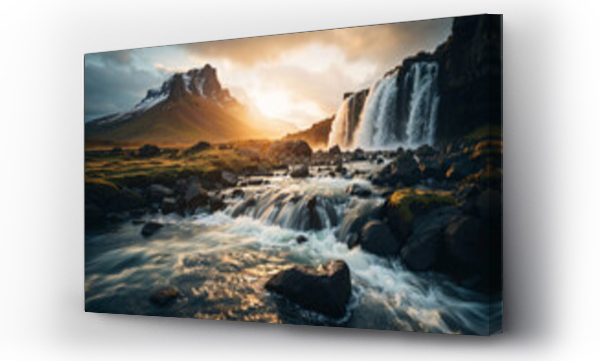 Wizualizacja Obrazu : #711467856 Majestic Waterfall and Mountain Landscape at Sunset Generative AI image