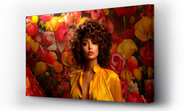 Wizualizacja Obrazu : #711635938 beautiful latina woman with curls over a flower background, concept of retro and nostalgia style 