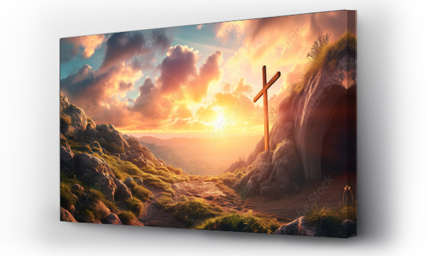 Wizualizacja Obrazu : #711724743 Empy tomb with shroud and crucifixion at sunrise - resurrection of Jesus Christ