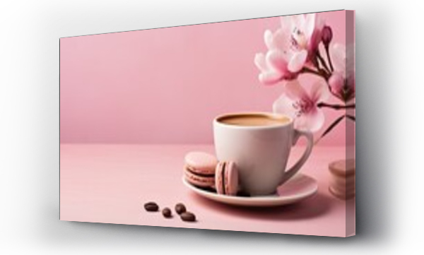 Wizualizacja Obrazu : #711789261 a flower composition with a pink orchid, a steaming cup of coffee or hot drink, and a macaroon on a pastel pink background of Valentines Day and Happy Womens Day.