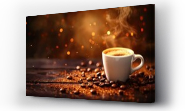Wizualizacja Obrazu : #711867242 A background featuring a cup of ready-to-drink coffee adorned with coffee beans