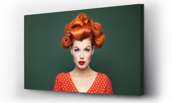 Wizualizacja Obrazu : #711915290 Redhead Woman with styled hair with victory rolls in vintage fashion style. For use in beauty tutorials, retro fashion spreads, hair styling guides and makeup artistry.