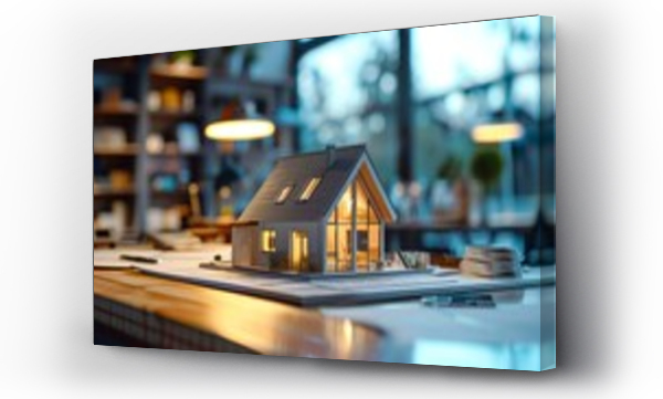 Wizualizacja Obrazu : #712264551 Holo 3d render model of a small living house on a table in a real estate agency. Signing mortgage contract document and demonstrating. Futuristic business. Blurry background