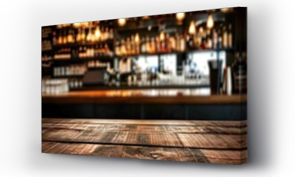 Wizualizacja Obrazu : #712439140 Bar table interior in pub with wooden counter background desk space blurred light for drink design cafe top in coffee restaurant vintage retro style wine shop brown alcohol abstract blurry kitchen