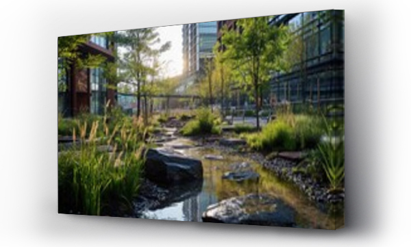 Wizualizacja Obrazu : #712485976 Rewilded urban plaza with rain gardens and sustainable drainage, promoting eco-friendly urban design, morning light
