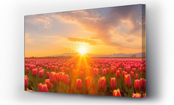 Wizualizacja Obrazu : #712527881 A vibrant tulip field panorama at sunrise,  with the first light touching the colorful blossoms