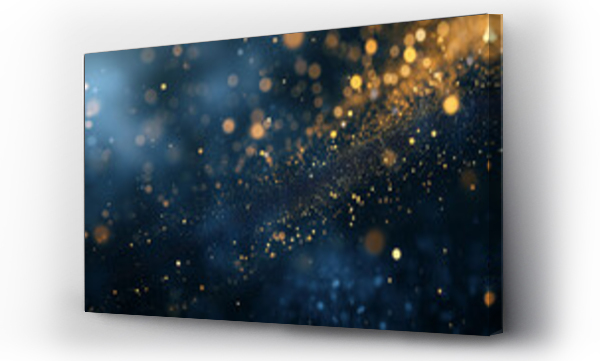 Wizualizacja Obrazu : #712543119 Golden shiny abstract background with blurred emerald lights sprinkles, bokeh. Night, dark, party horizontal panorama, abstract background with Dark blue and gold particle, Ai generated image