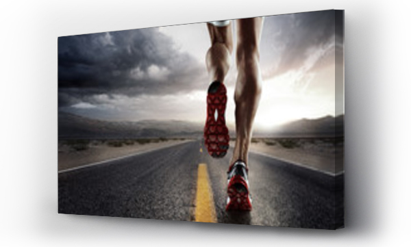 Wizualizacja Obrazu : #71265065 Tło sportowe. Stopy biegacza biegnącego na drodze zbliżenie na buta.