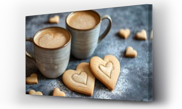Wizualizacja Obrazu : #712788236 Heart-shaped cookies and two cups of coffee with hearts drawn on the foam.