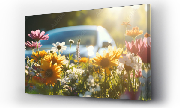 Wizualizacja Obrazu : #712851559 A field of vibrant wildflowers bathed in sunlight with the soft focus on a car in the warm, glowing background.