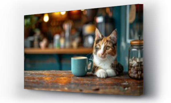 Wizualizacja Obrazu : #712866263 A new morning with a favorite cup of coffee and a cute cat near the window.