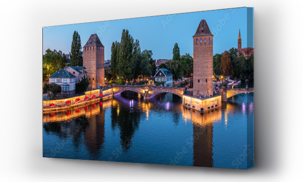 Wizualizacja Obrazu : #712993522 Panoramic view on The Ponts Couverts in evening twilight. Strasbourg with blue cloudy sky. France.