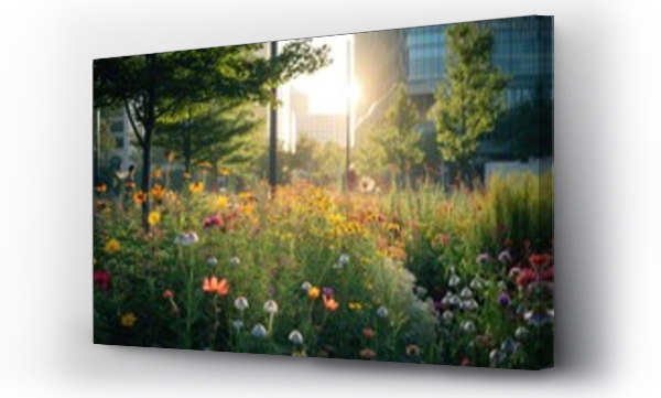 Wizualizacja Obrazu : #713113092 A rewilded city square with pollinator-friendly gardens