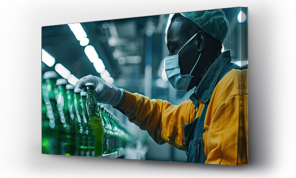 Wizualizacja Obrazu : #713178095 African male factory worker wearing medical mask picking up green juice bottle or basil seed drink for checking quality in beverage factory. Copy space image. Place for adding text