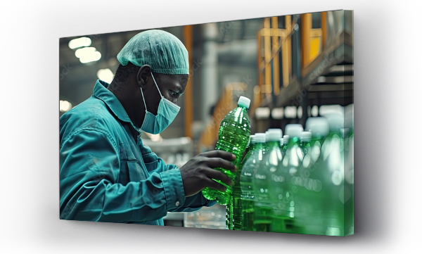 Wizualizacja Obrazu : #713184144 African male factory worker wearing medical mask picking up green juice bottle or basil seed drink for checking quality in beverage factory. Copy space image. Place for adding text