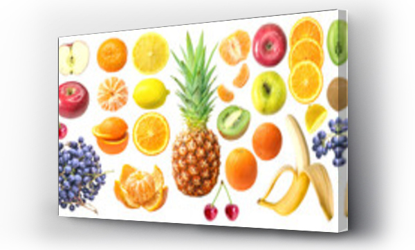 Wizualizacja Obrazu : #713208447 Fresh fruit collection, isolated on white background: orange, pineapple, grape, lemon, apple, kiwi, mandarin,cherry