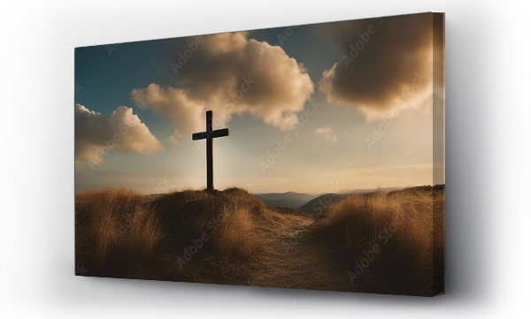 Wizualizacja Obrazu : #713416727 A wooden cross stands against a vivid sky, clouds parting around it, symbolizing hope and faith